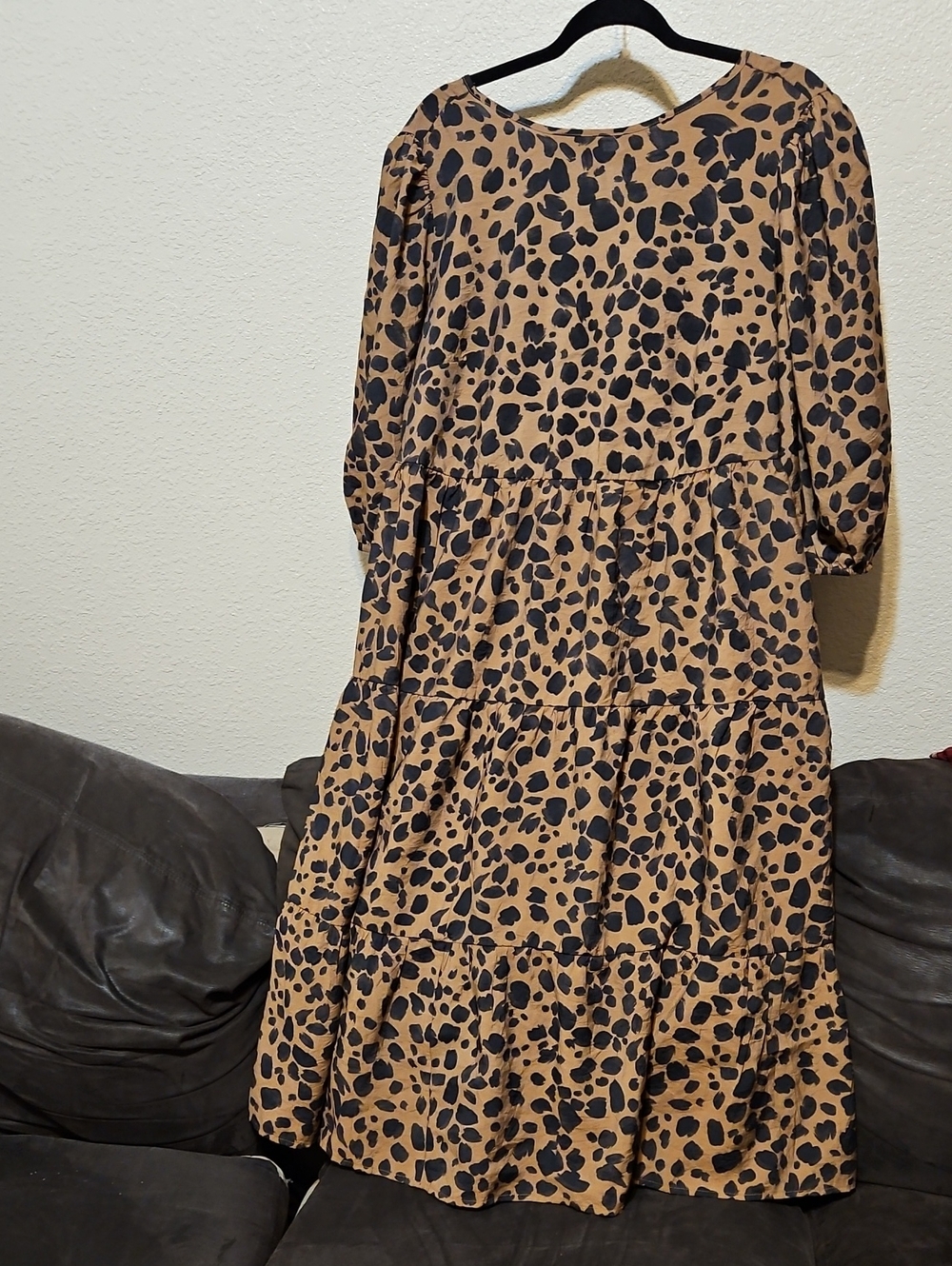 Ava & Viv Tan and Black Leopard Print Tiered Midi Dress